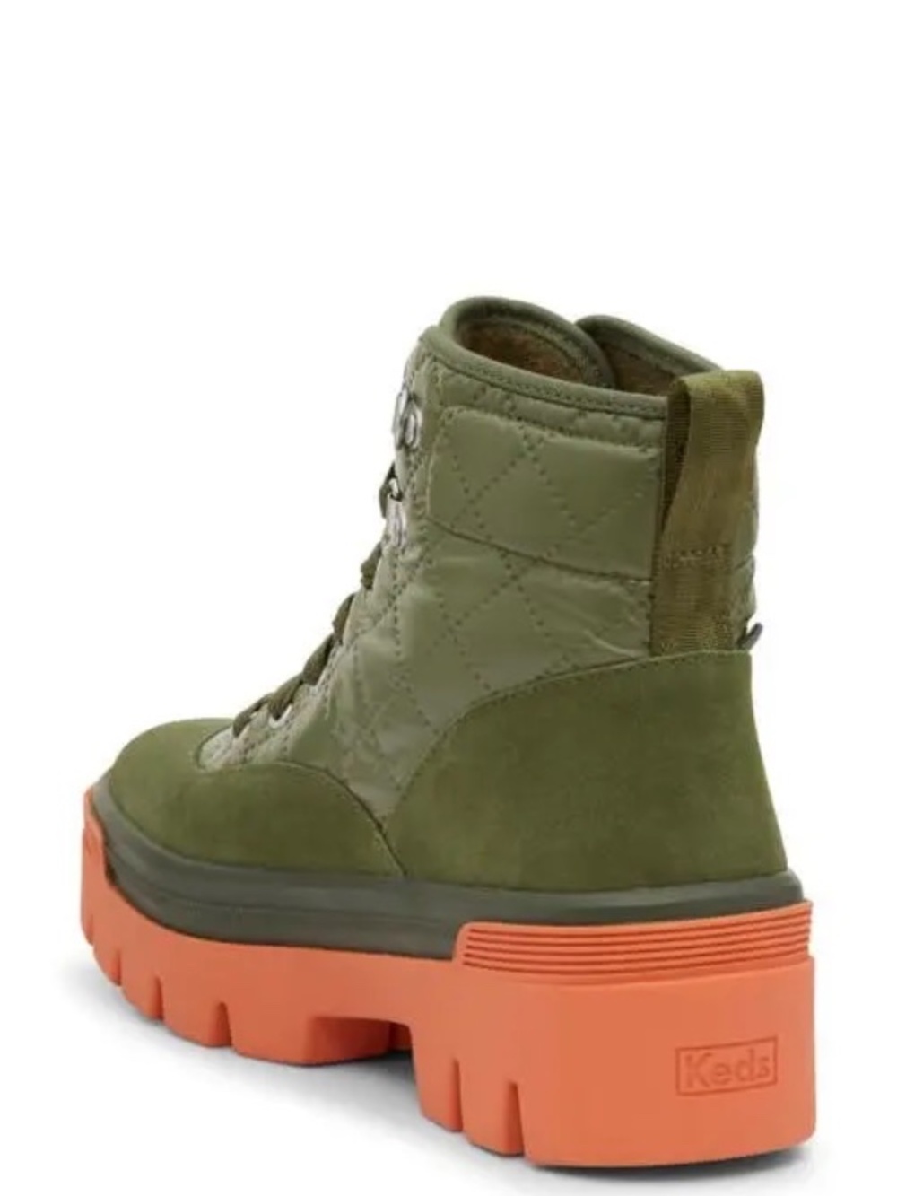 Keds Combat Boots Quilted Nylon Army Green with Coral Soles Women's 8.5 - Picture 3 of 9